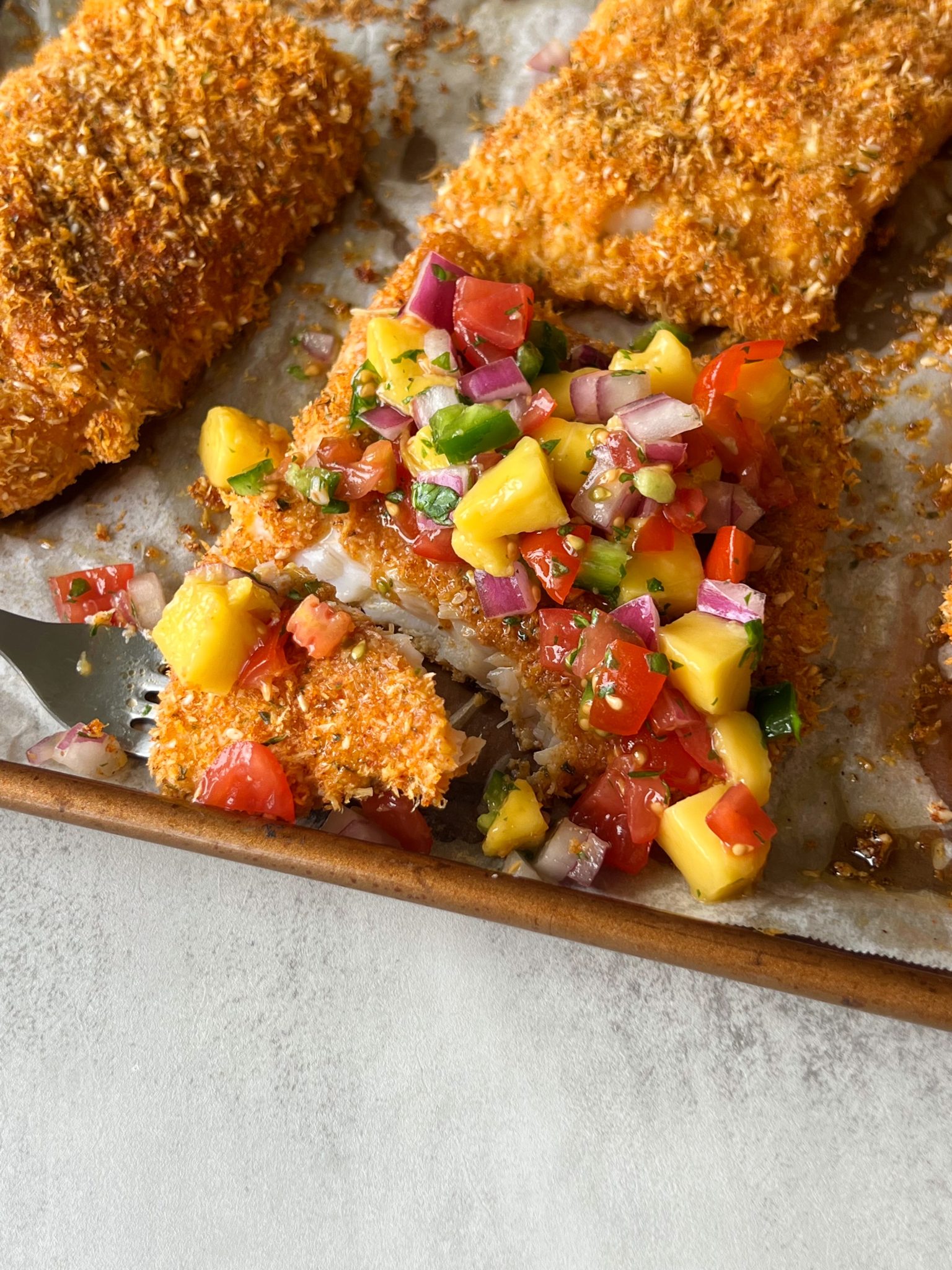 coconut crusted fish with mango salsa — crispy tropical seafood delight