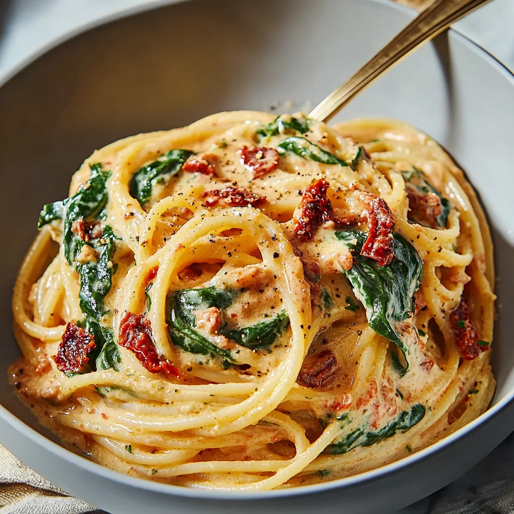 creamy spaghetti & spinach with sun dried tomato sauce — 30 minute pasta delight