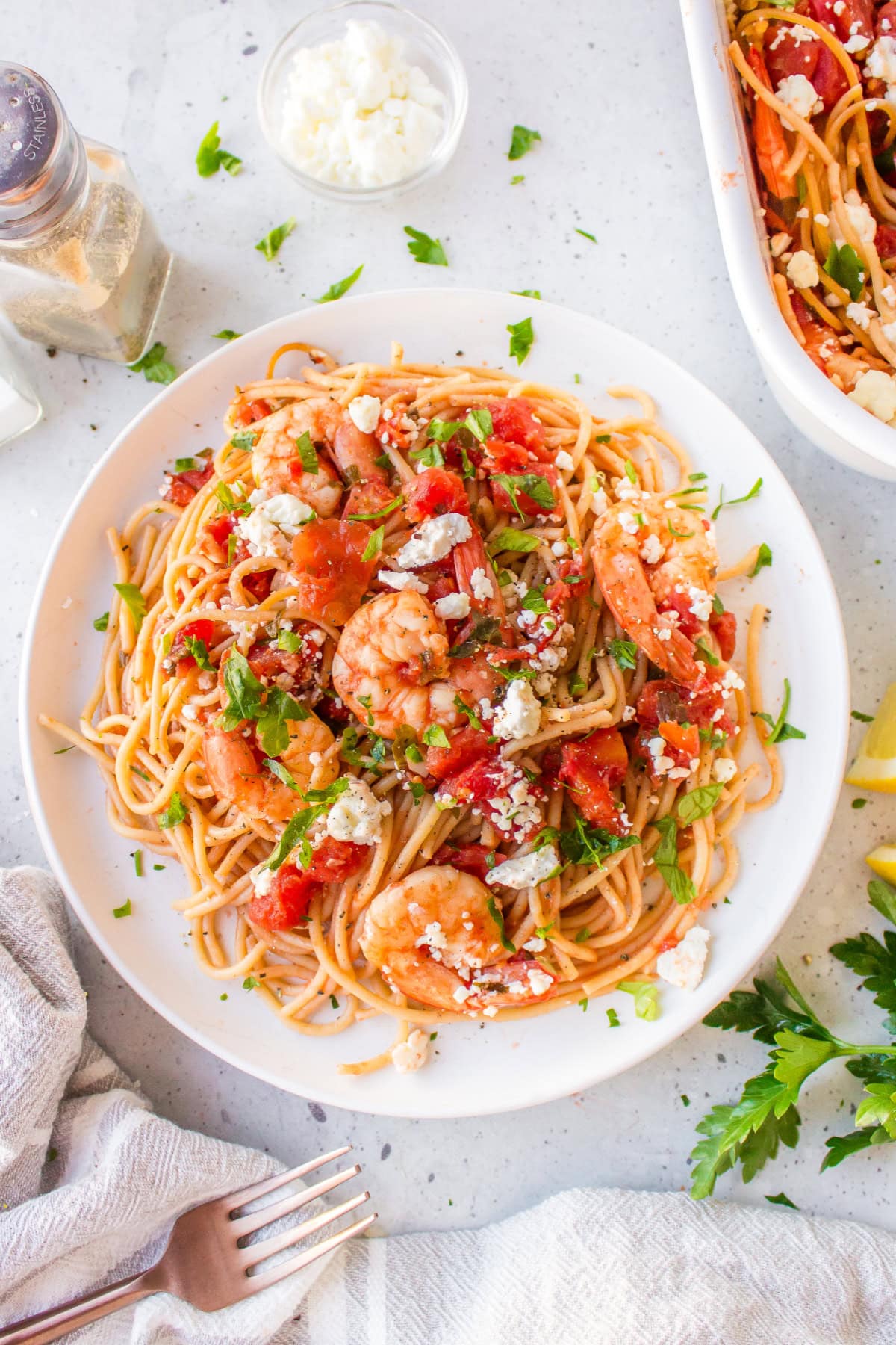 greek shrimp spaghetti — light mediterranean pasta with feta & lemon