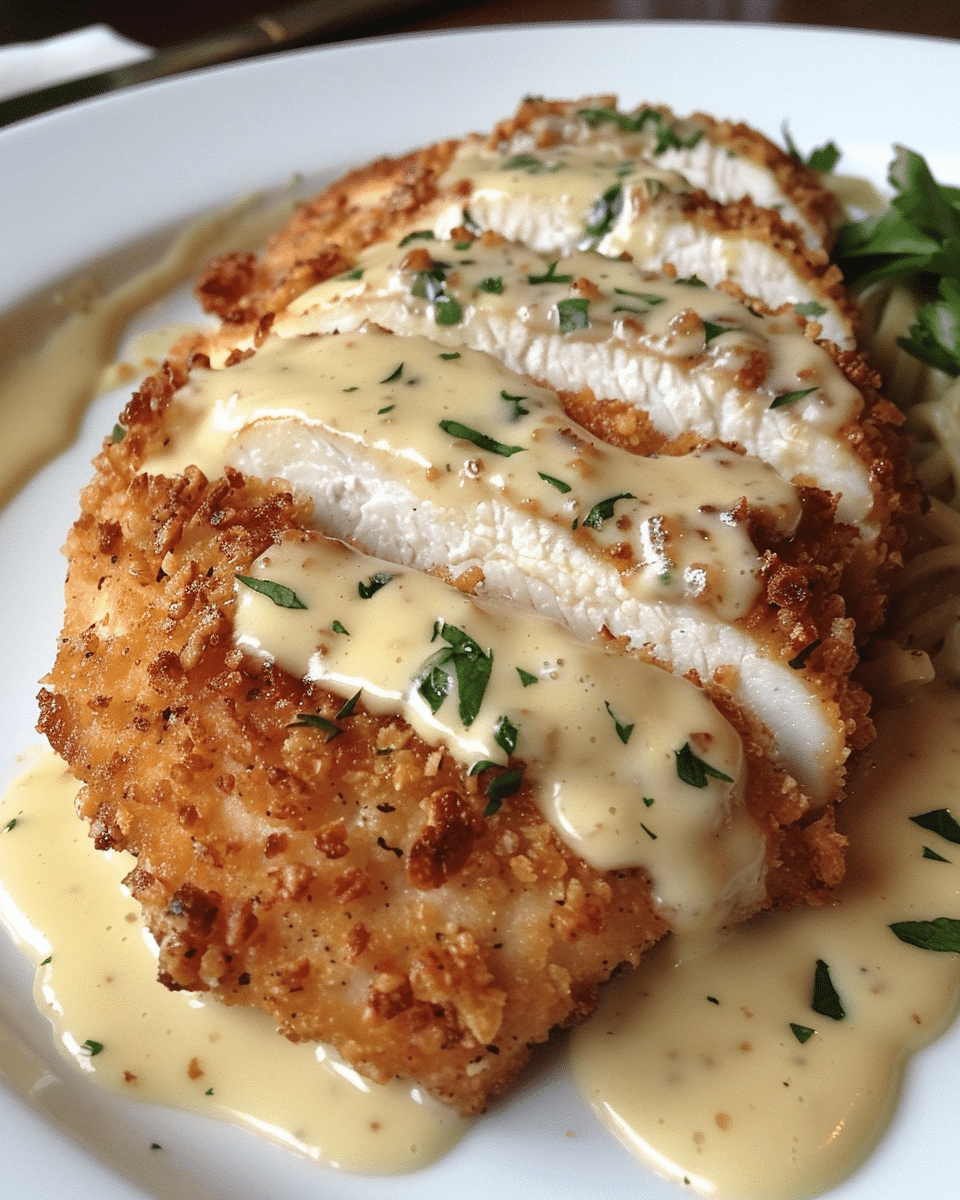 parmesan crusted chicken with garlic sauce — crunchy, flavor packed dinner
