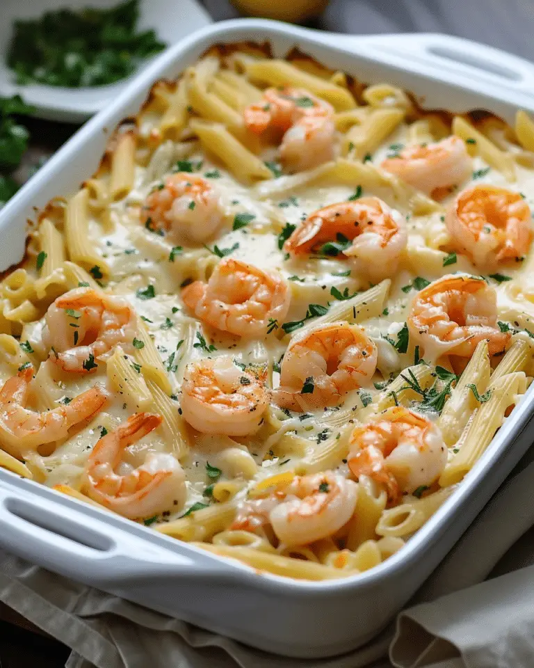 shrimp scampi pasta bake — cheesy garlic seafood comfort