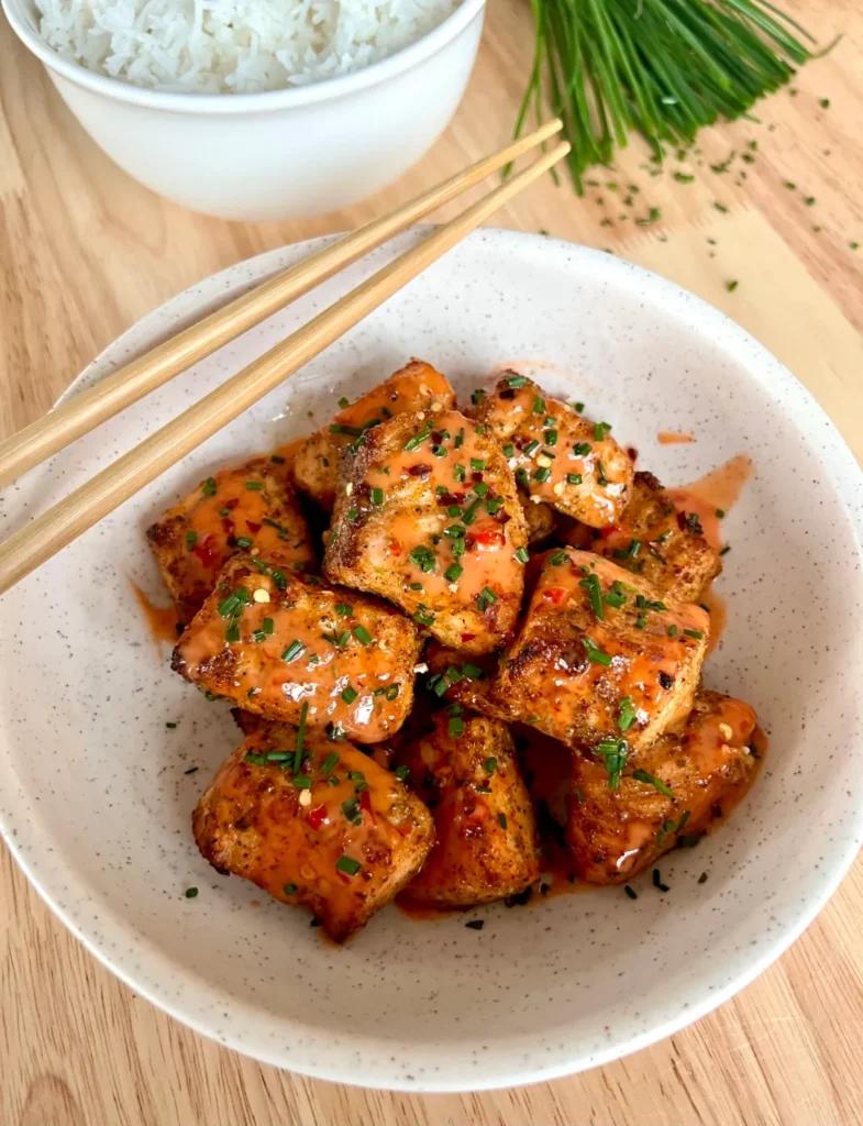 bang bang salmon bites — crispy salmon with creamy sweet spicy sauce
