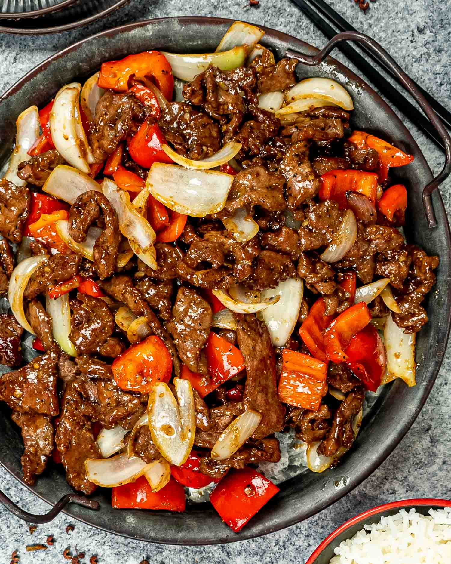 black pepper beef — juicy steak strips in bold pepper sauce