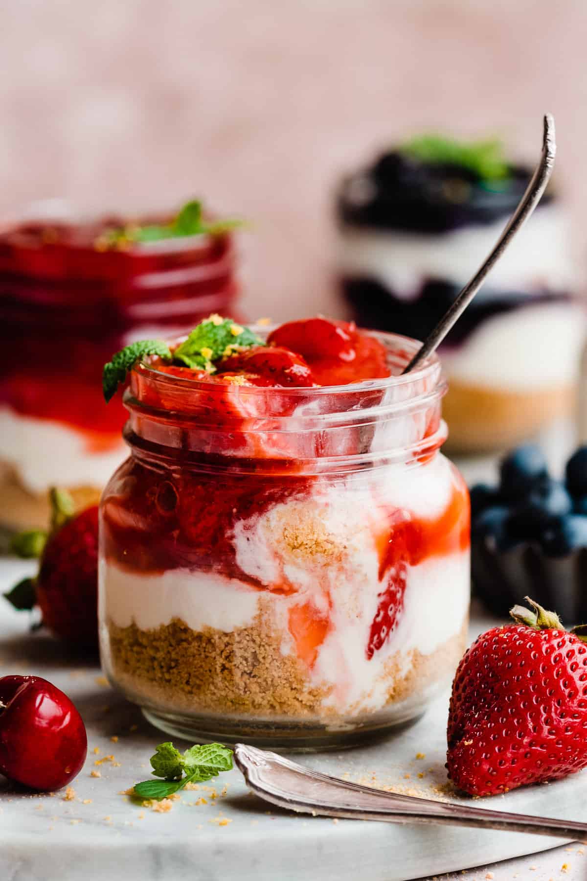 cheesecake parfaits with cherry pie filling — no bake, creamy & so easy!