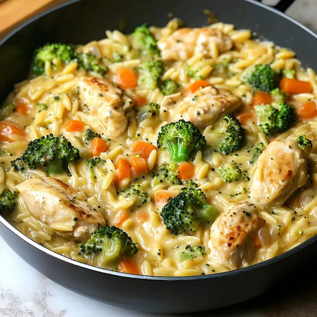 creamy cheesy chicken broccoli orzo — quick, comforting family favorite