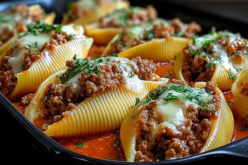 creamy ricotta beef stuffed shells — hearty pasta bake with ground beef & cheese !