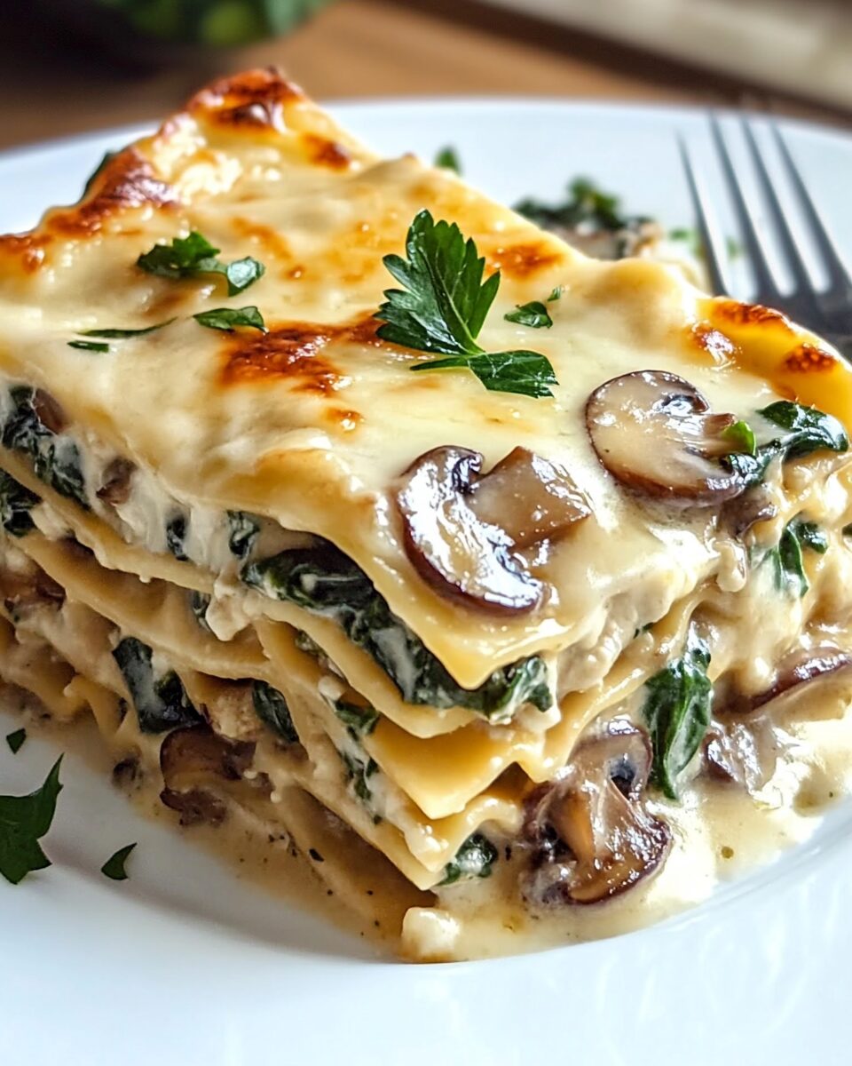 creamy spinach mushroom lasagna — cheesy, veggie loaded comfort