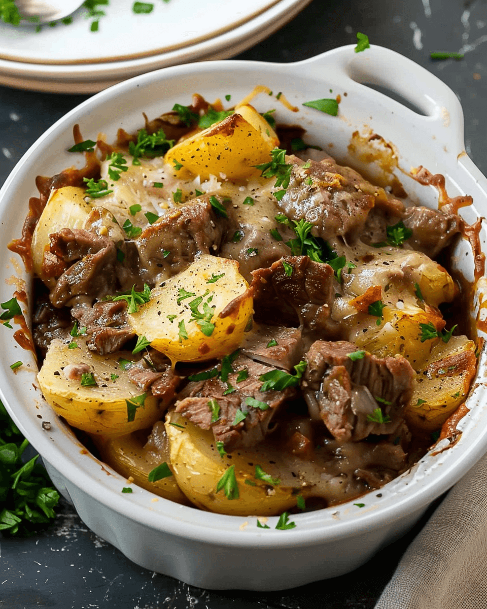 crockpot loaded steak and potato bake — tender sirloin, creamy potatoes & cheddar cheese