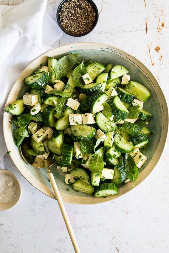 cucumber feta salad — fresh, tangy & tossed in greek lemon vinaigrette
