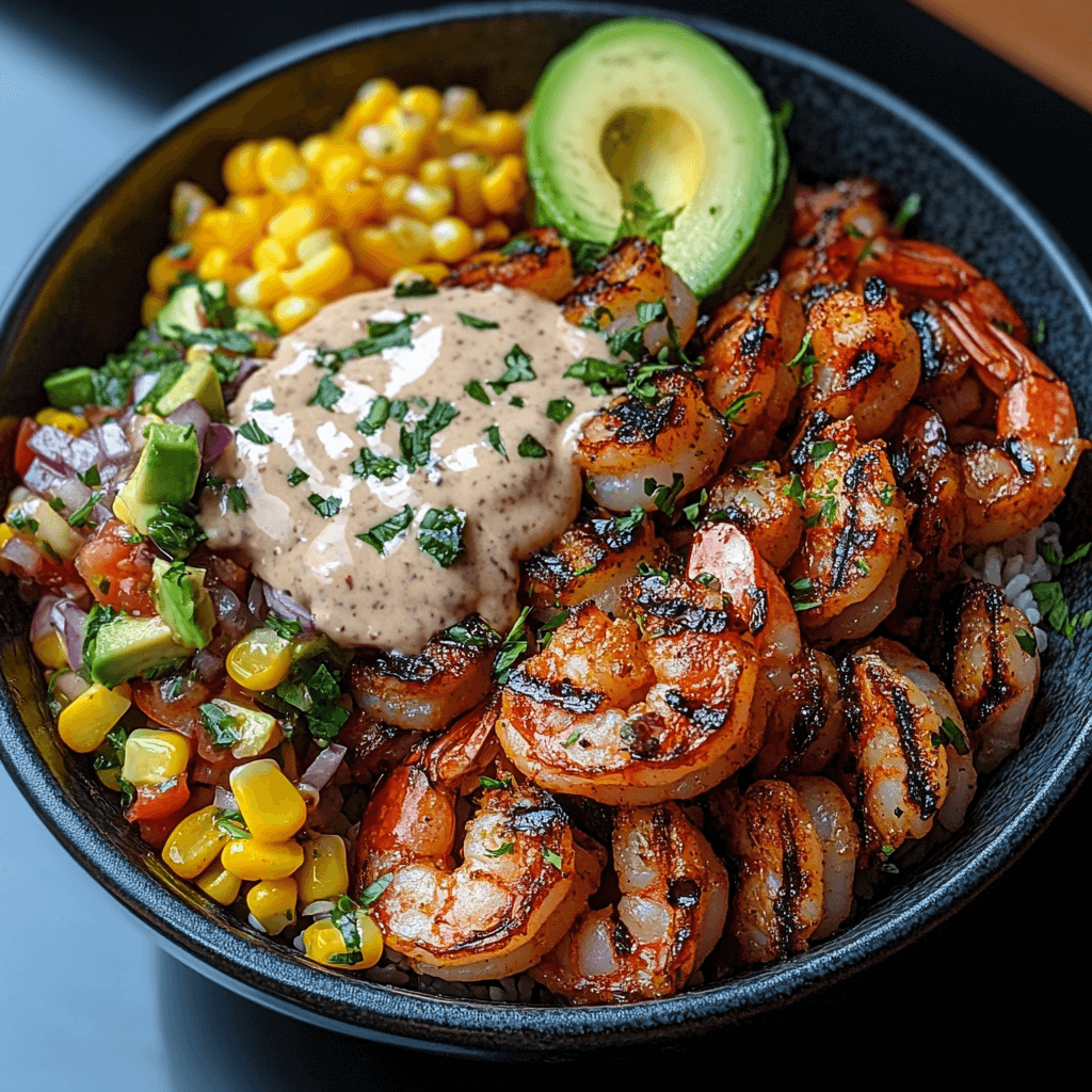 fresh & flavorful grilled shrimp bowl — avocado, corn salsa & garlic sauce