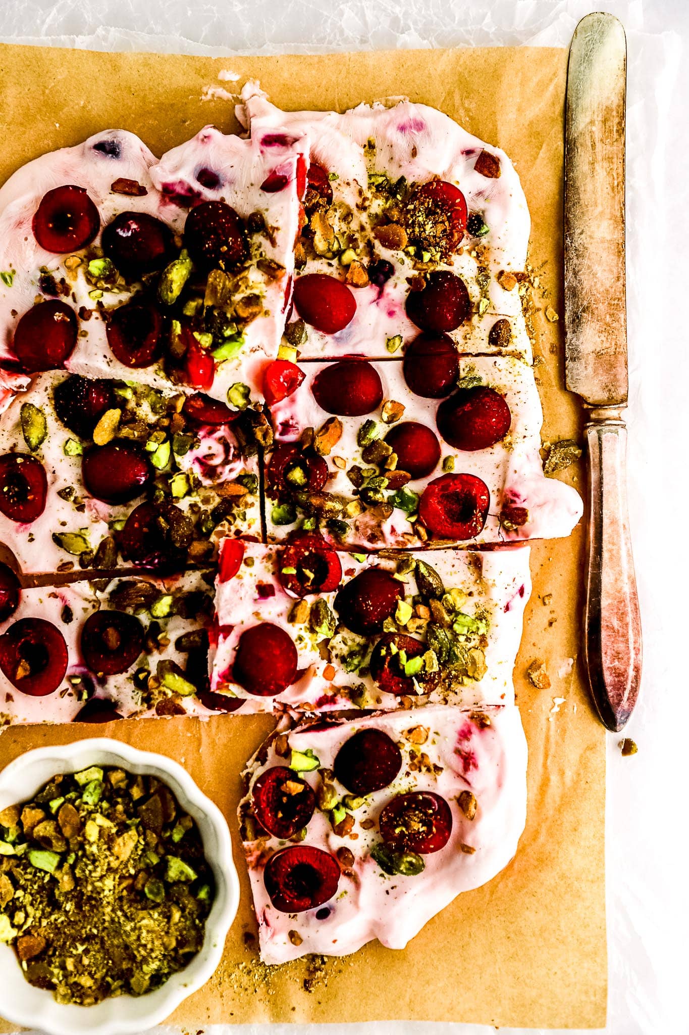 frozen yogurt bark — pistachios & dried cherry crunch
