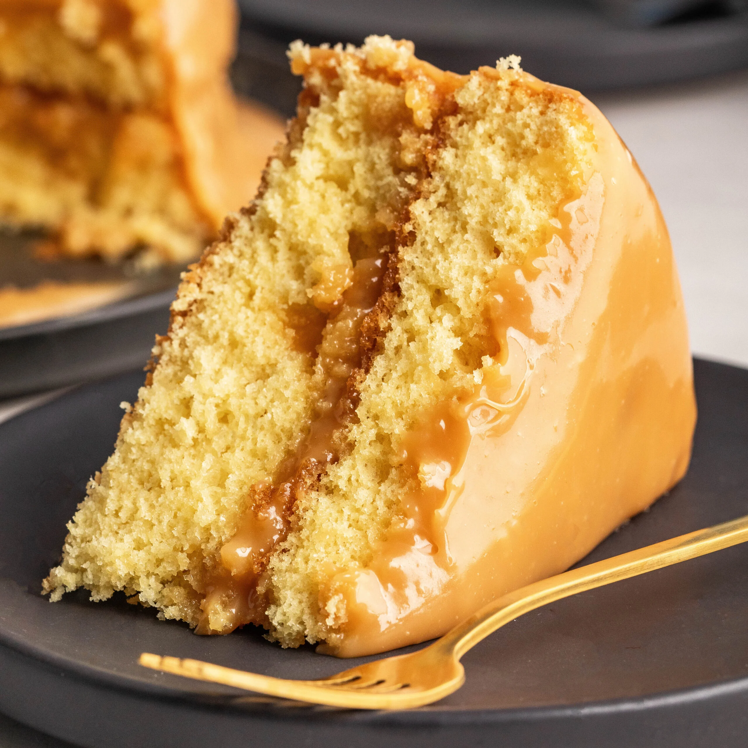 gooey caramel cake — rich, moist & dripping with flavor