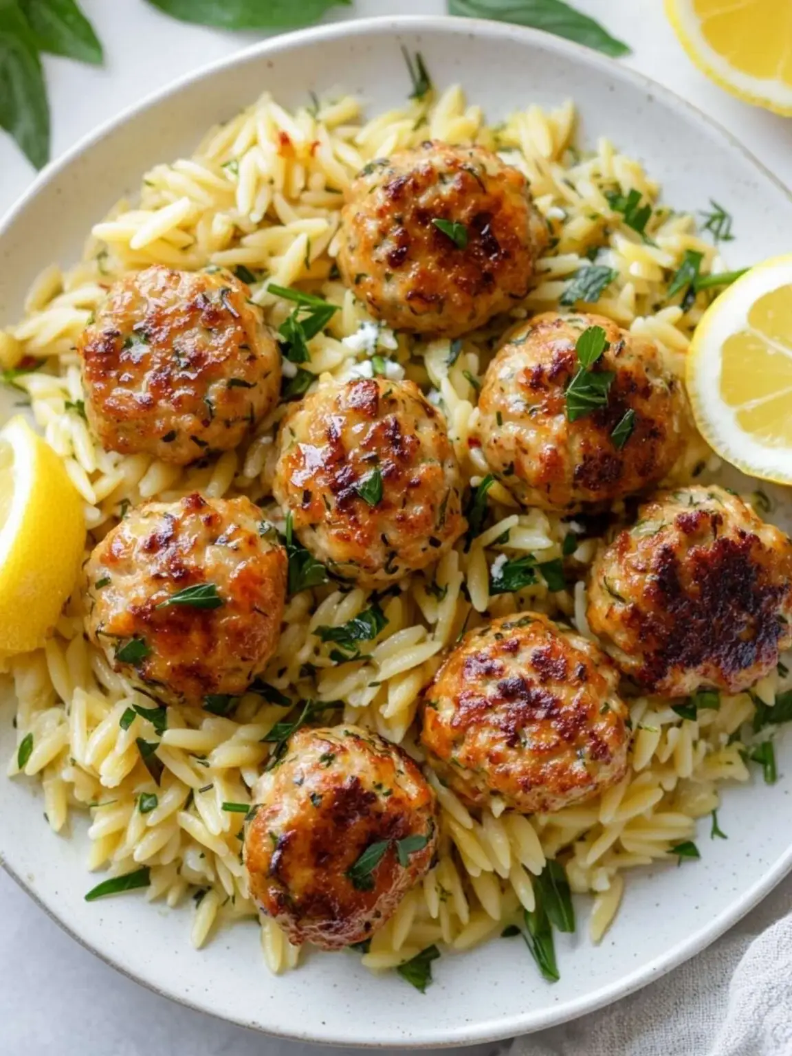 greek chicken meatballs with lemon orzo — bright, fresh & satisfying