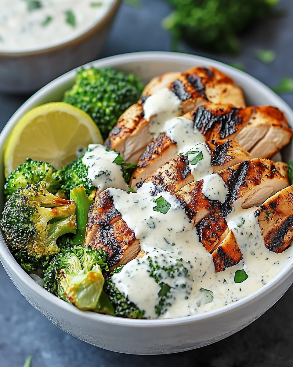 grilled chicken & broccoli bowls — creamy garlic sauce & wholesome meal