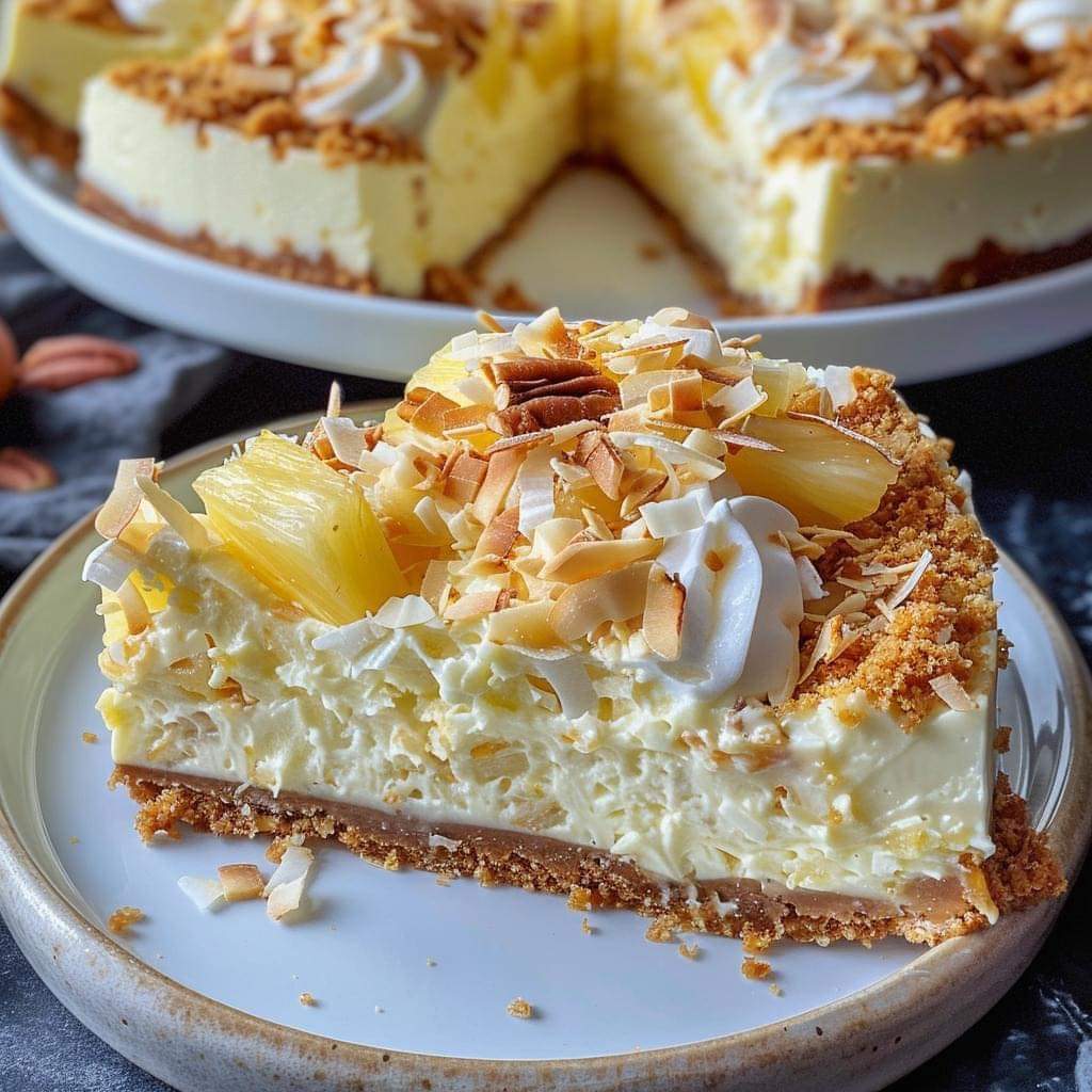 heavenly white chocolate pineapple coconut cheesecake — a tropical delight