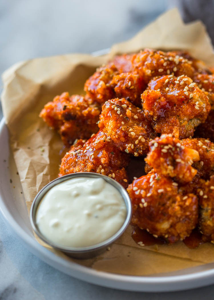 honey sriracha bbq cauliflower wings with cilantro lime dip — crispy, sweet heat vegetarian treat