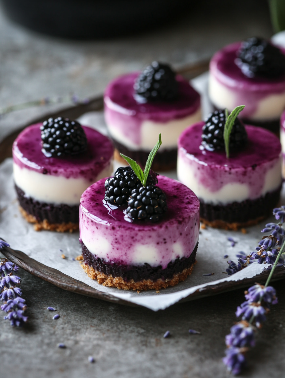luscious blackberry lavender cheesecakes — creamy floral dessert elegance