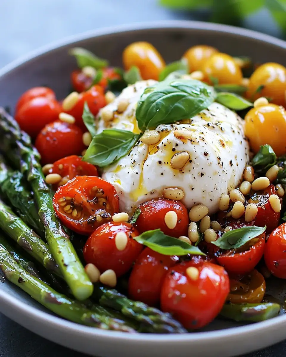 mediterranean asparagus tomato salad with burrata — light, creamy & refreshing
