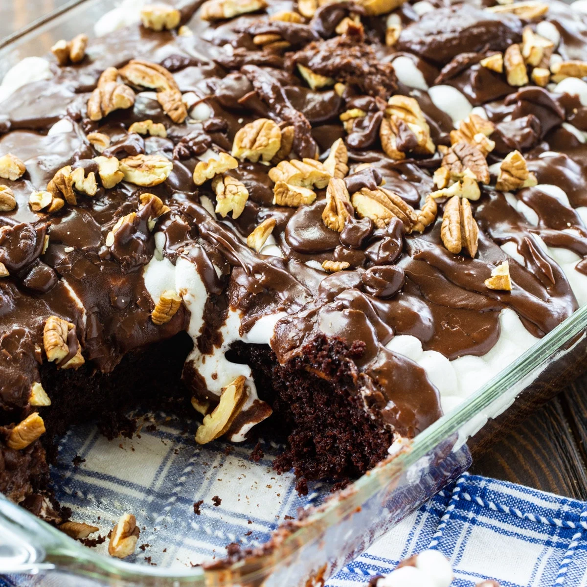 mississippi mud cake — gooey chocolate, marshmallow & pecan dream