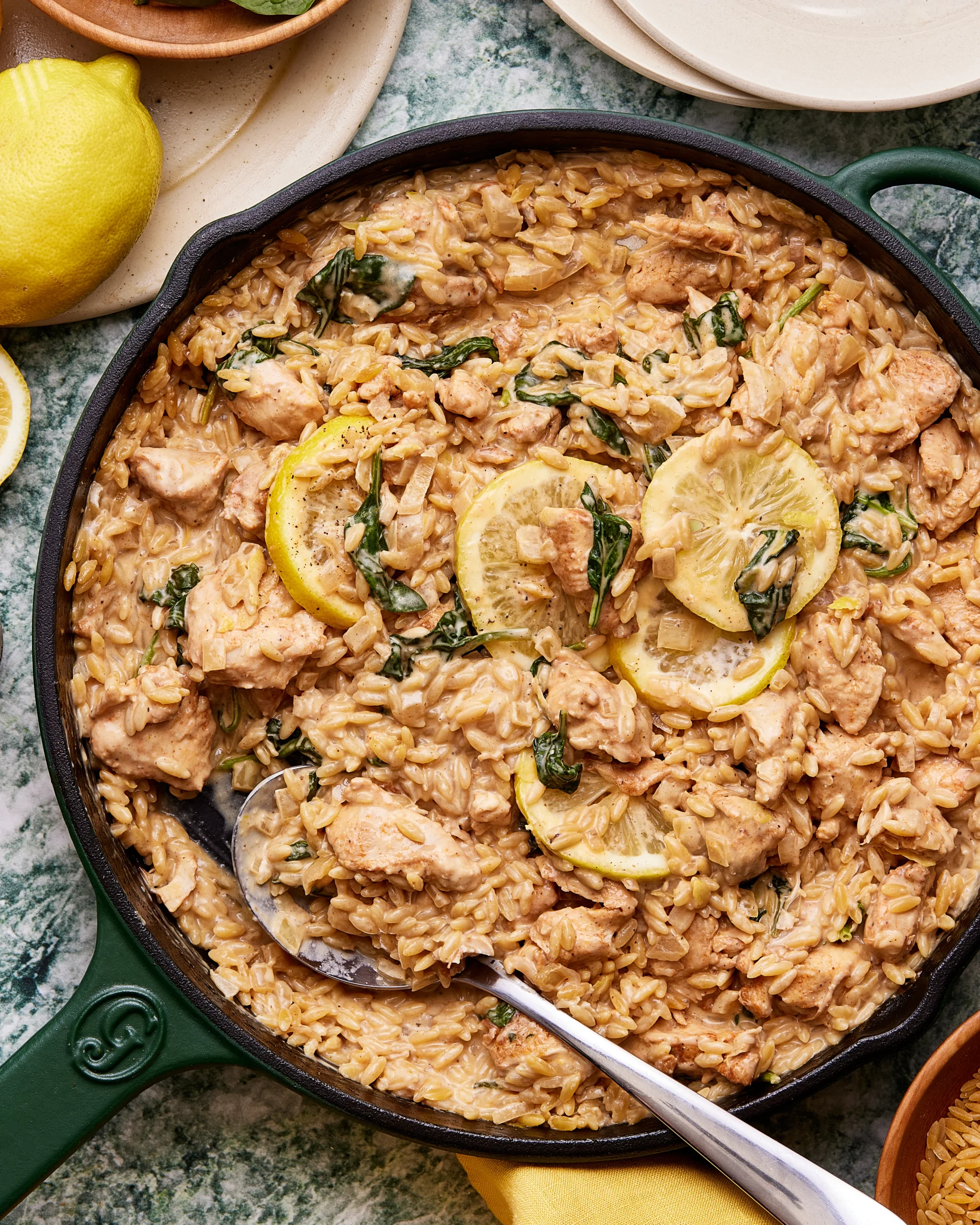 one pan lemon garlic chicken with orzo — bright & savoury weeknight dinner