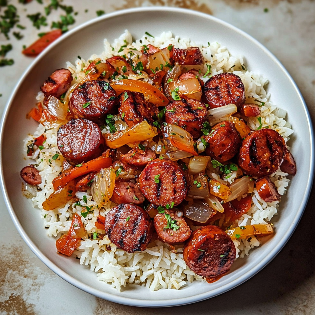 one skillet kielbasa with peppers, onions & rice — quick, savory & satisfying