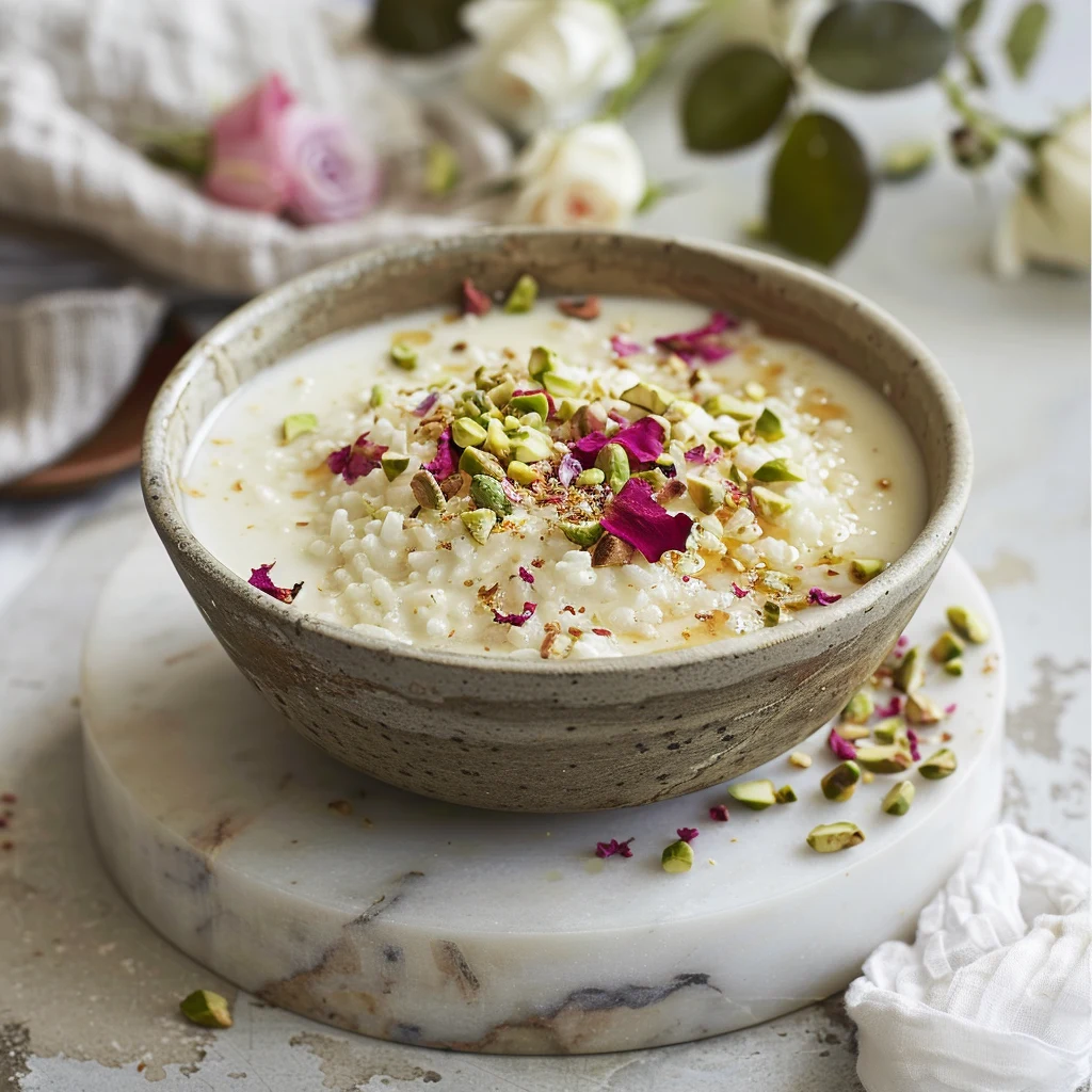 pistachio rosewater middle eastern rice pudding — creamy, floral & nutty