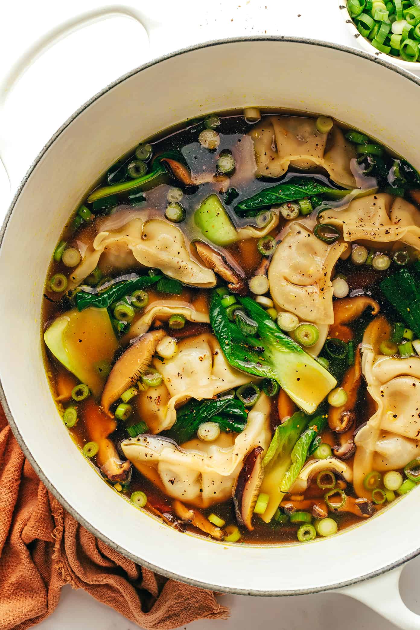 potsticker soup with mushrooms & bok choy — comforting asian inspired dumpling bowl