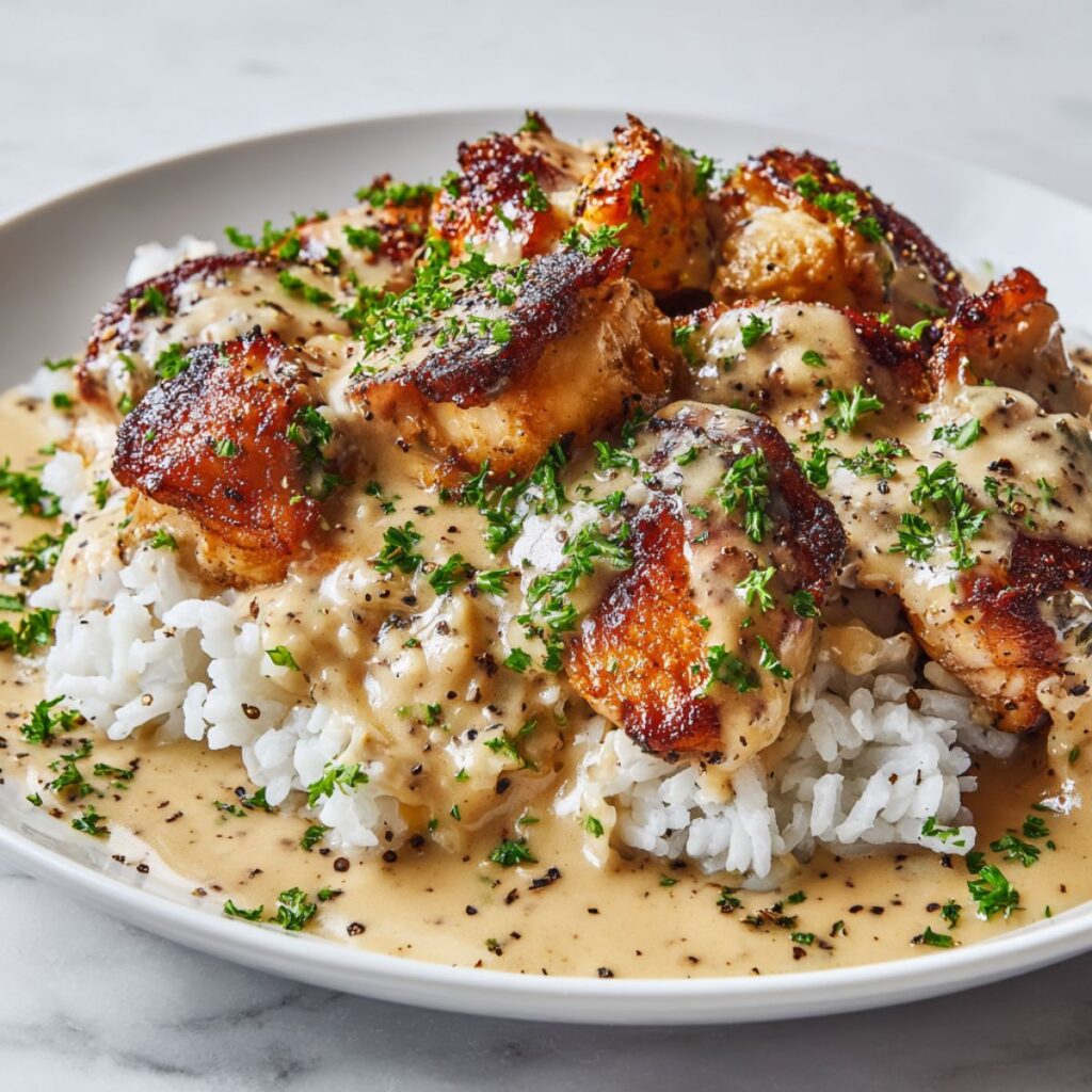 smothered chicken and rice — rich, hearty & the ultimate comfort dish