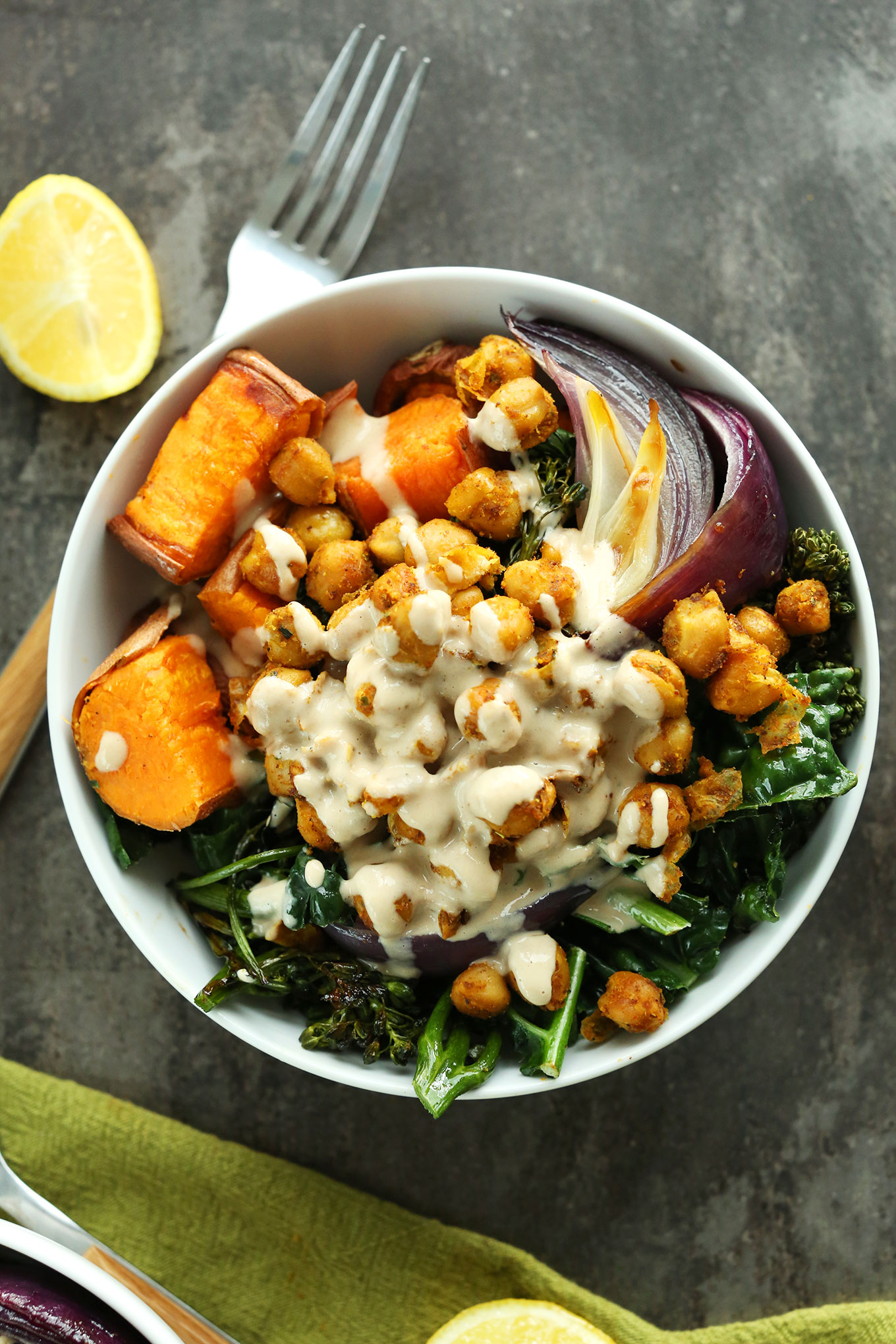sweet potato & chickpea buddha bowl — vibrant, hearty & tahini drizzled