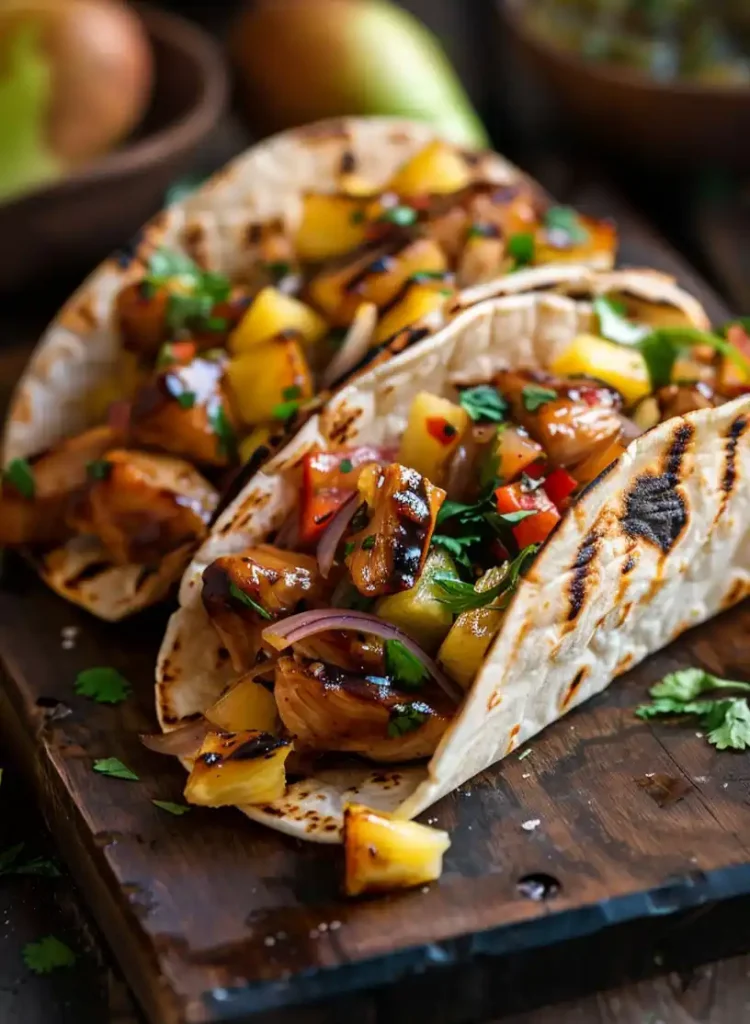 sweet & savory teriyaki chicken tacos — grilled pineapple pear salsa delight