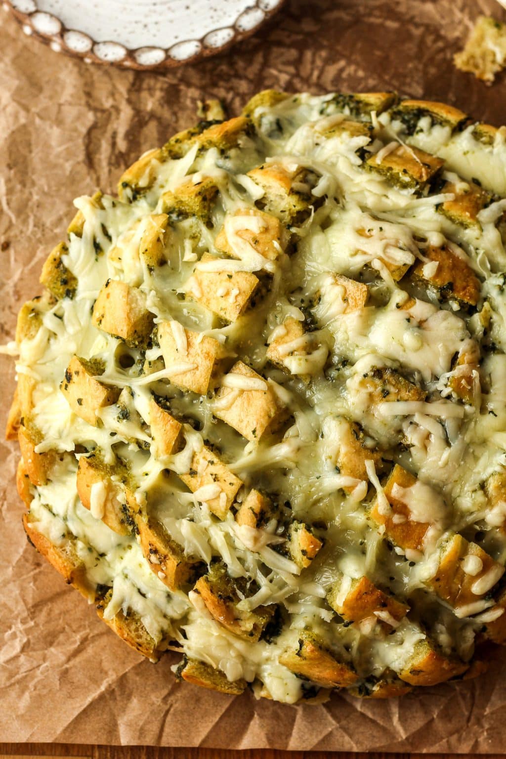 cheesy pesto pull apart bread — gooey, herb loaded & crowd friendly