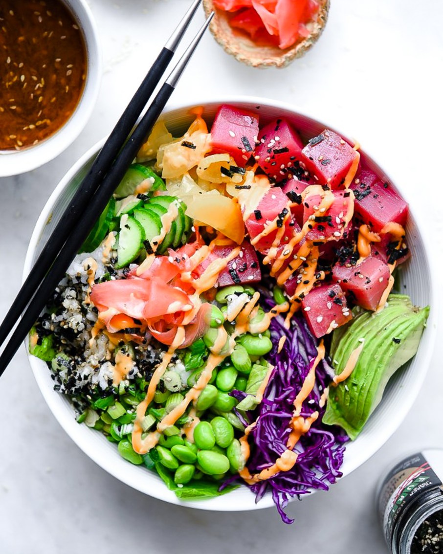 coconut lime “sushi” bowls — mango & avocado tropical twist