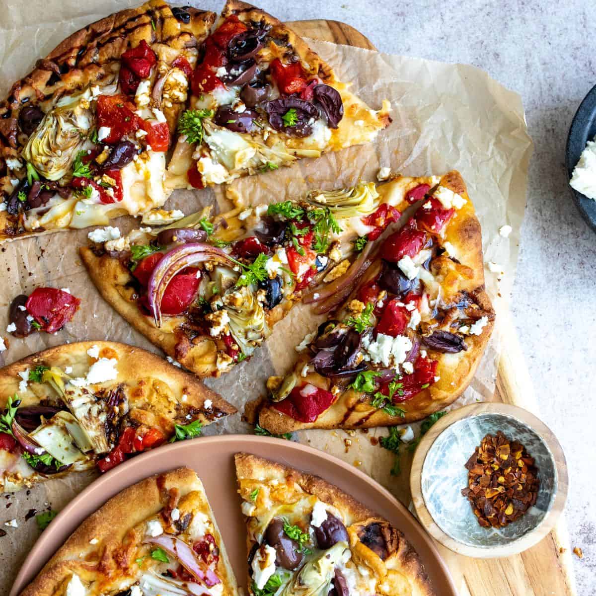 mediterranean flatbread with hummus & roasted veggies — fresh, flavorful & easy