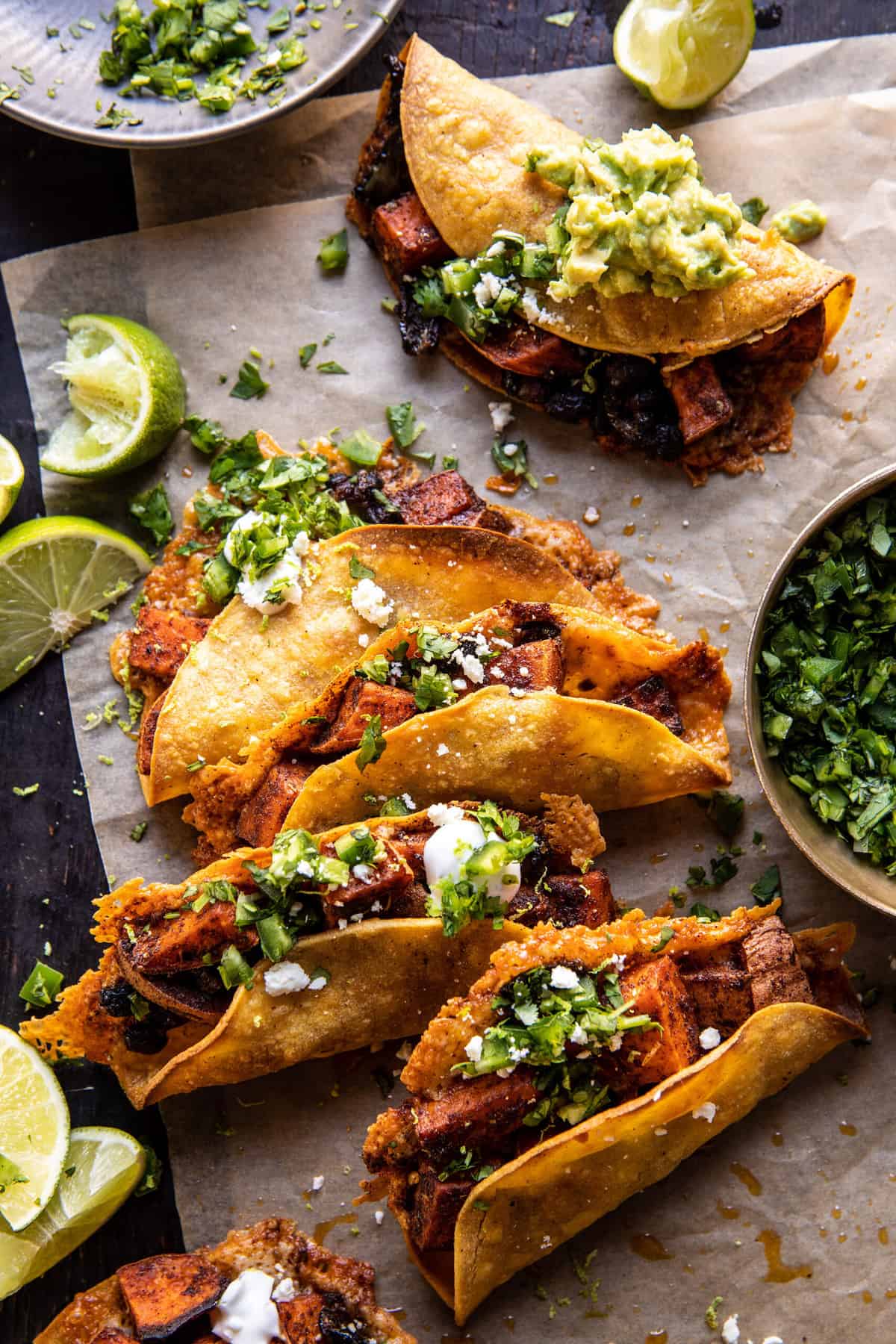 roasted sweet potato tacos with lime crema — vibrant, flavor packed vegetarian meal