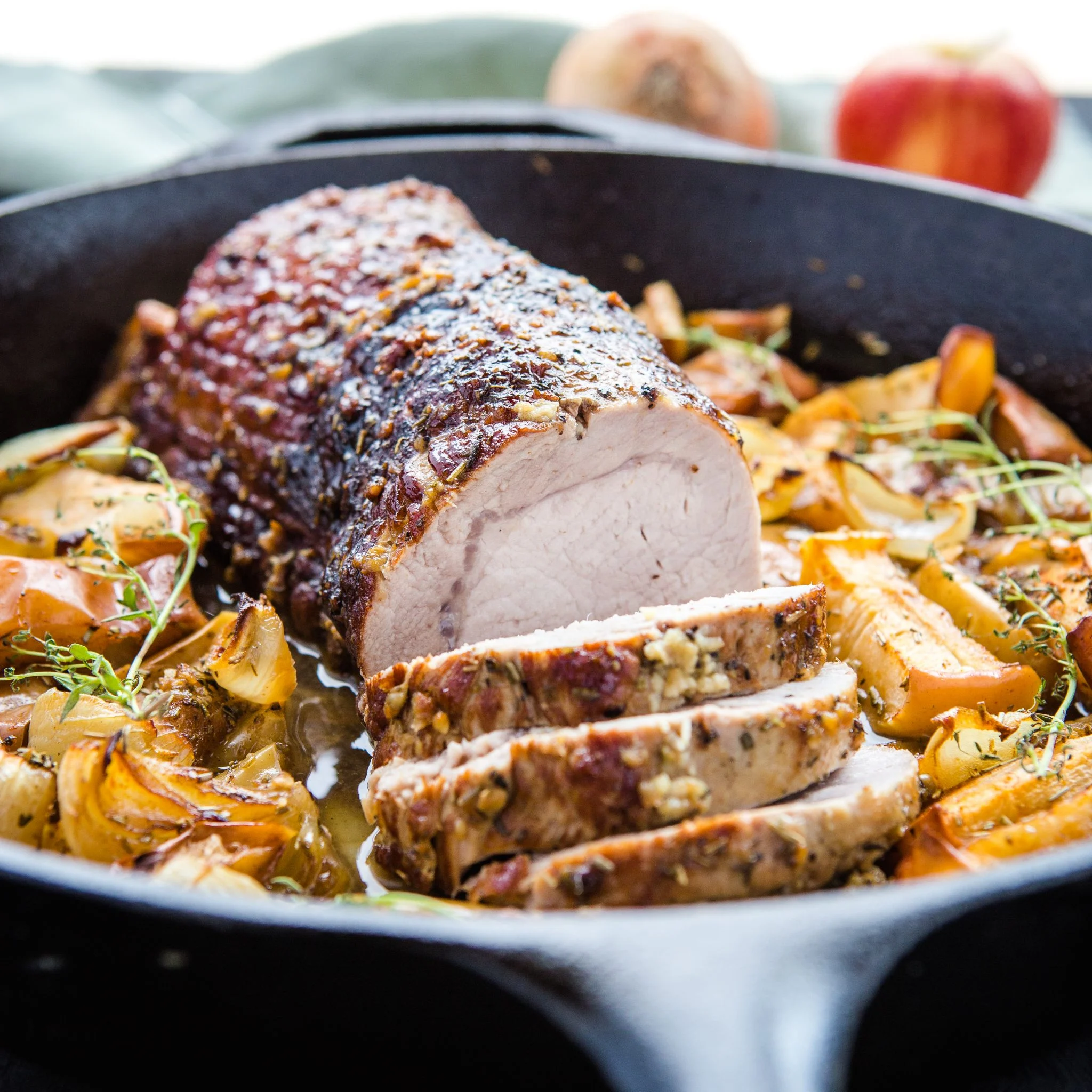 smoky maple glazed pork loin with apple onion chutney — sweet, savoury & elegant roast