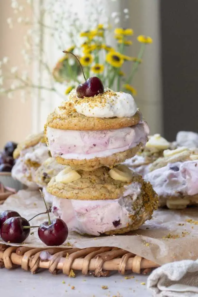 vegan pistachio & rose ice cream sandwiches — floral nutty frozen treat
