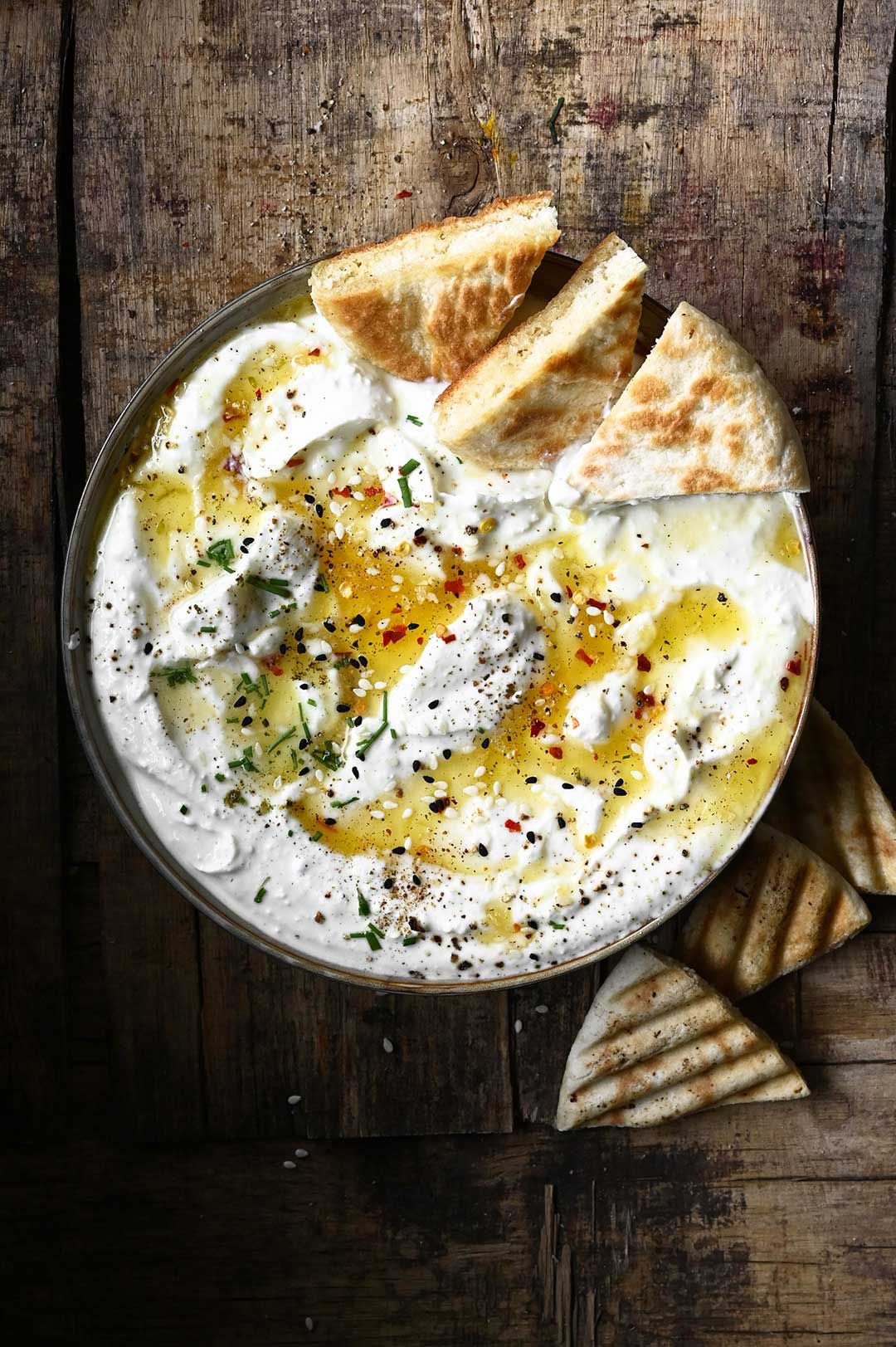 whipped feta dip with honey & chili oil — creamy, salty sweet & spicy appetizer